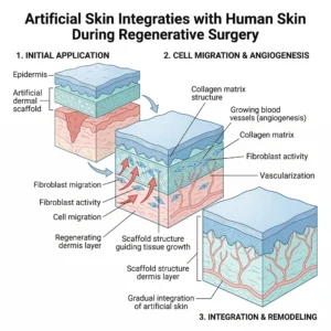 Artificial Skin Surgery: A Plastic Surgeon’s Guide to Advanced Skin Regeneration 1 Medical infographic showing how artificial skin integrates with human skin layers during regenerative surgery, including epidermis, dermal scaffold, collagen matrix, fibroblast activity, and growing blood vessels.