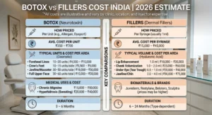 Botox and Fillers Cost in India (2026): Complete Price Guide by City & Treatment 2 Botox vs dermal fillers cost comparison chart in India 2026