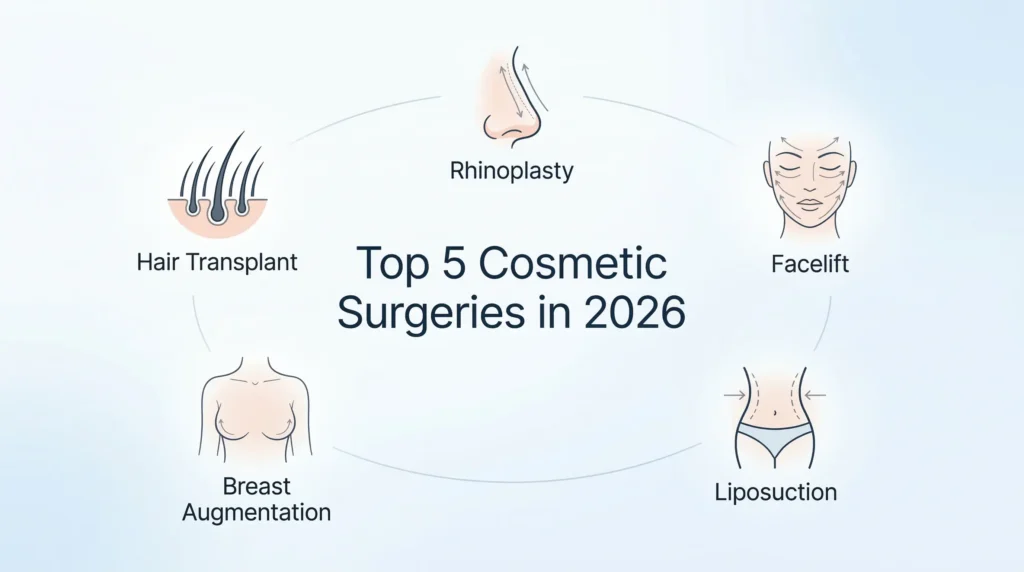 Top cosmetic surgeries in 2026 including rhinoplasty facelift liposuction breast augmentation and hair transplant