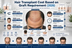 Hair Transplant Cost in Lucknow: Updated 2026 Price Guide 1 Hair transplant cost based on graft requirement in Lucknow 2026 infographic showing 1000 to 4000+ grafts, treatment coverage areas, and estimated FUE and Bio-FUE procedure costs.