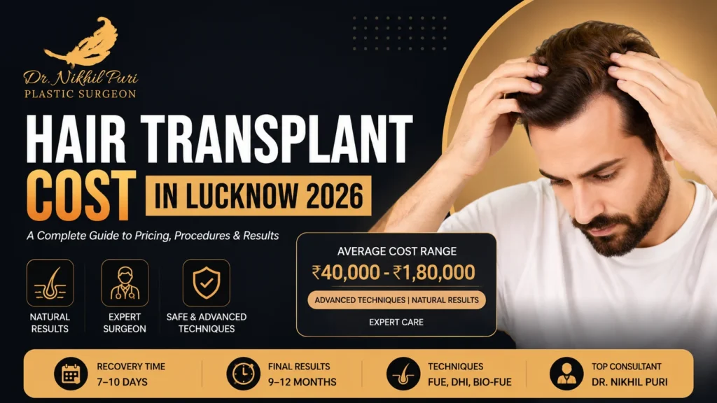 Hair Transplant Cost in Lucknow 2026 infographic featuring Dr. Nikhil Puri, Plastic Surgeon, with information on average hair transplant cost, FUE and DHI techniques, recovery timeline, natural-looking results, and expert hair restoration treatment in Lucknow.